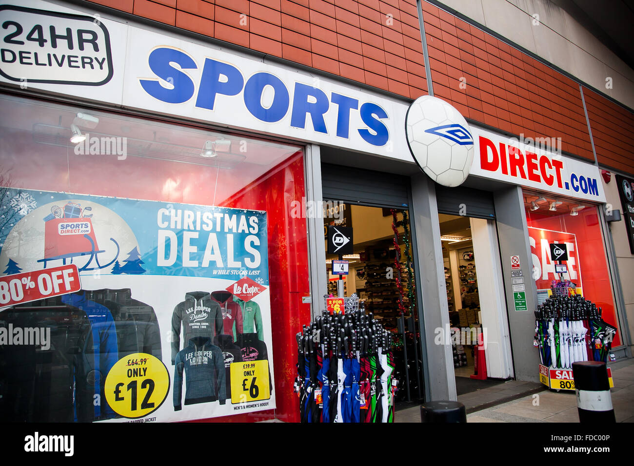 London, UK Outside of a Sports Direct store in north London, offering