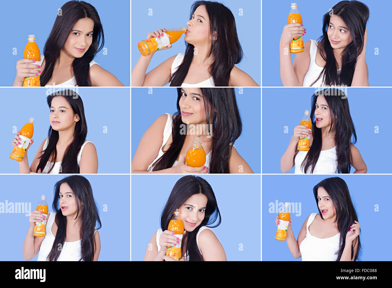 1 Indian Young Woman Drinking Healthy Orange Fruit Juice Facial Expression Montage Photo Stock Photo