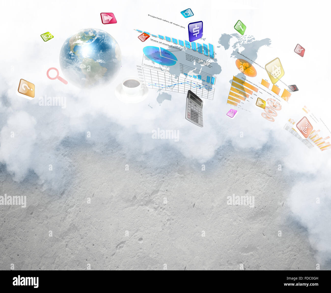 Background image with flying icons against sky background. Elements of ...