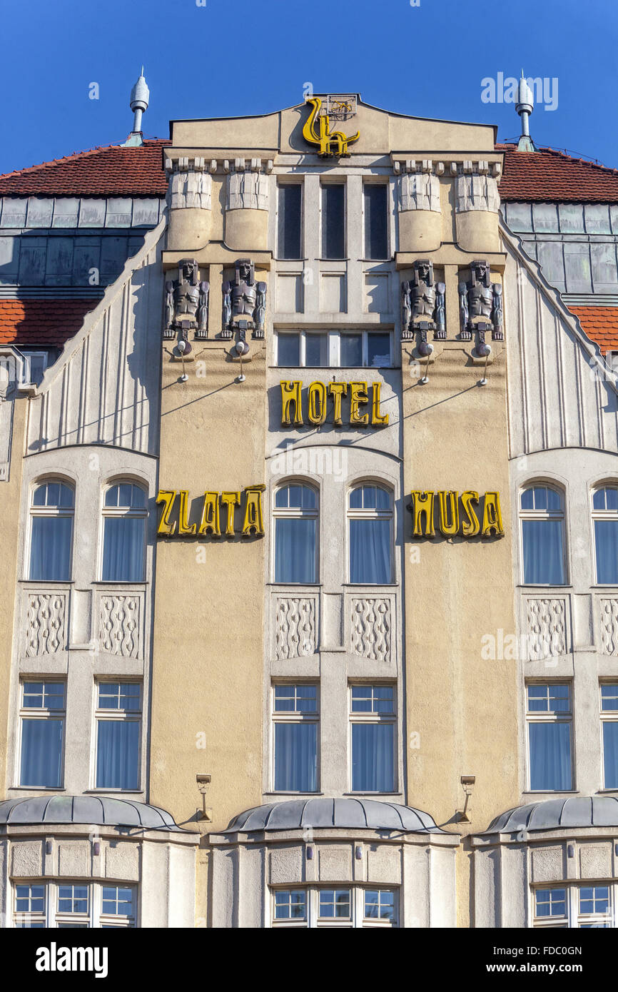 Hotel Zlata Husa Wenceslas Square Prague building facade Art Noveau Stock Photo