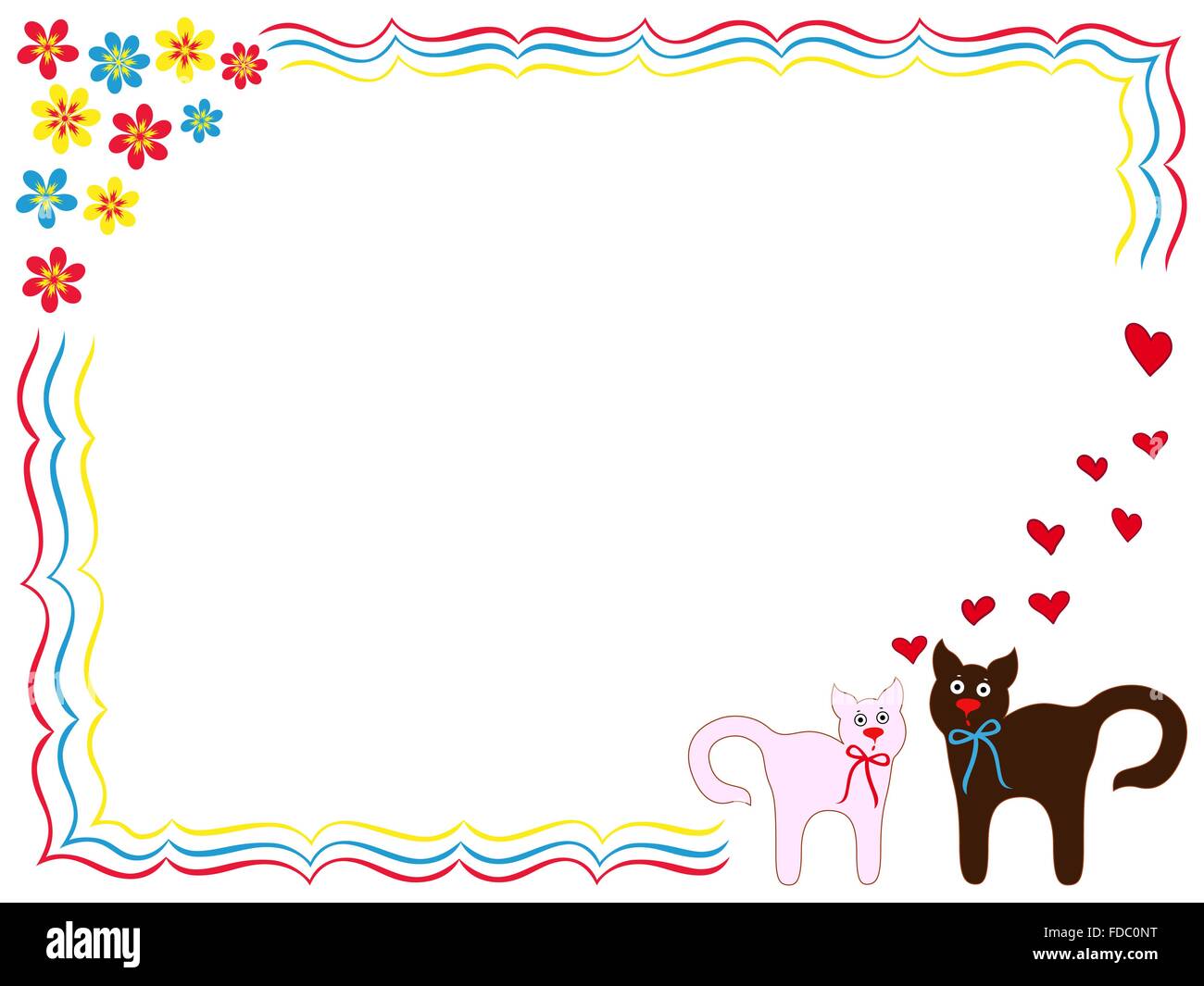 Cat and Kitty on Valentine greeting card with hearts and flowers, hand drawing cartoon vector illustration Stock Vector