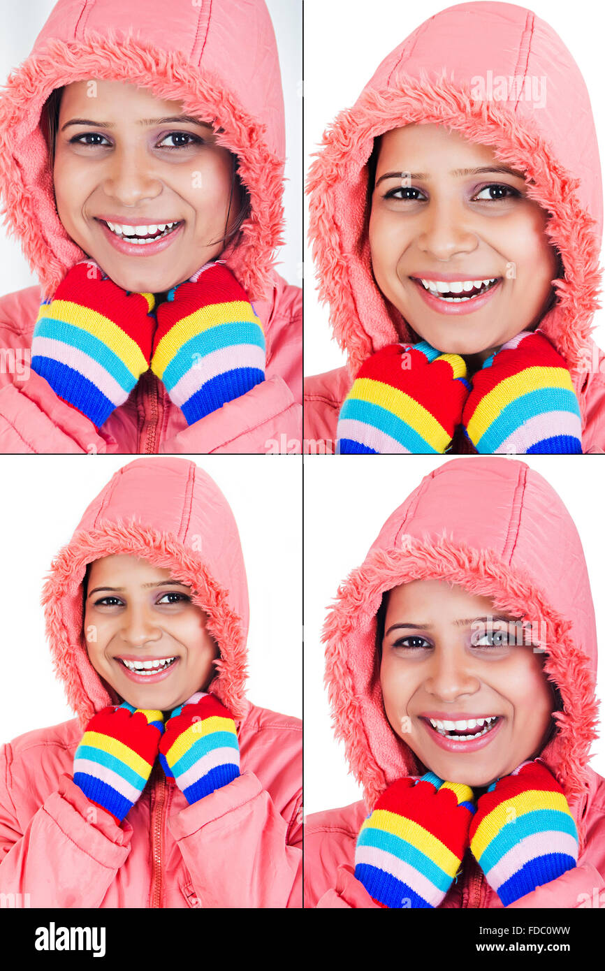 1 Indian Young Woman Wearing Winter Clothes Facial Expression Montage Picture Stock Photo