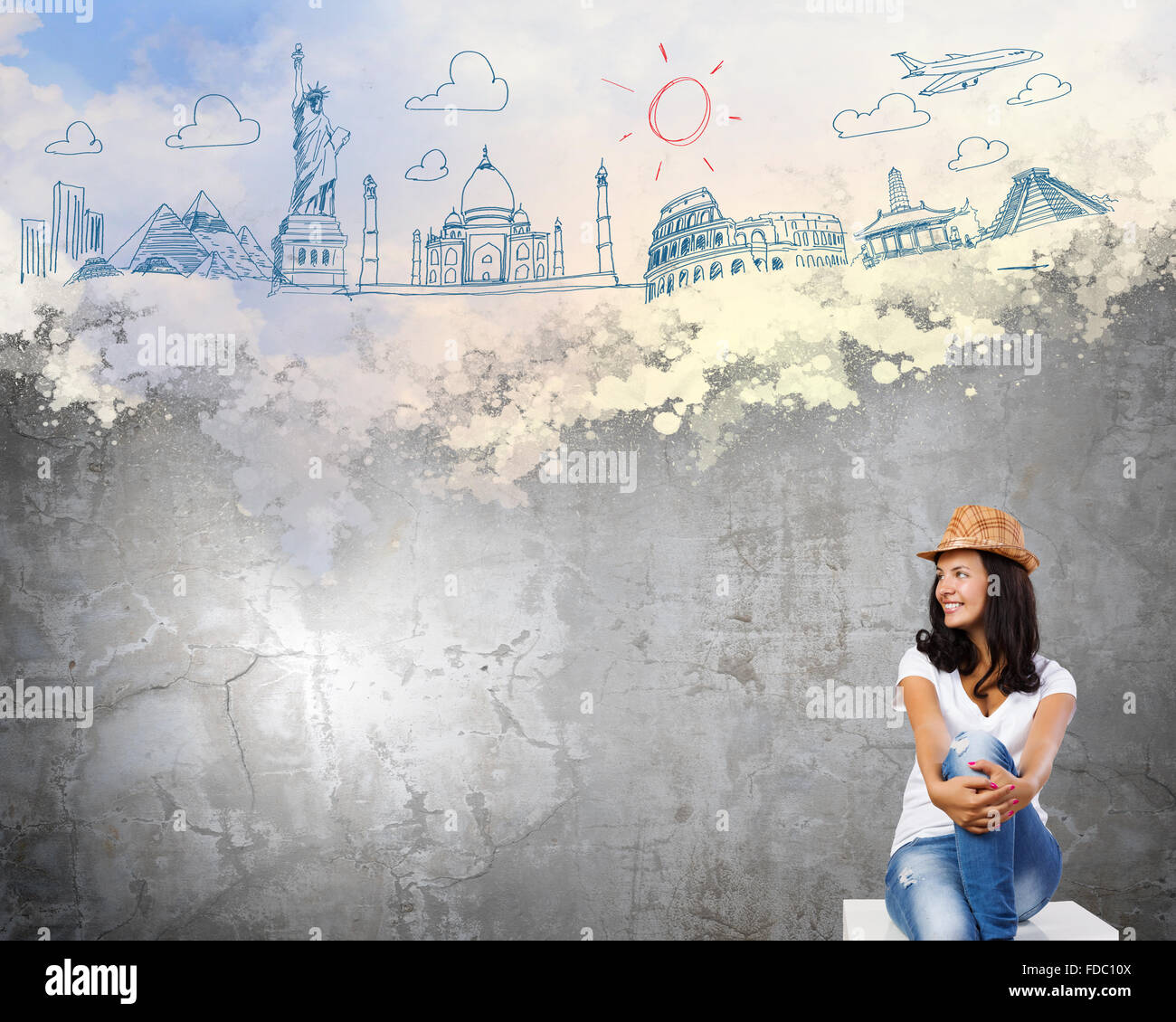Young pretty lady dreaming about around the world trip Stock Photo