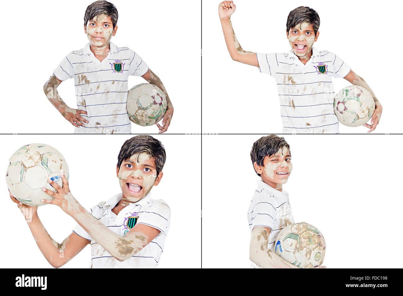 Happy 1 Indian Kid Boy Playing Football Facial Expression Montage Picture Stock Photo