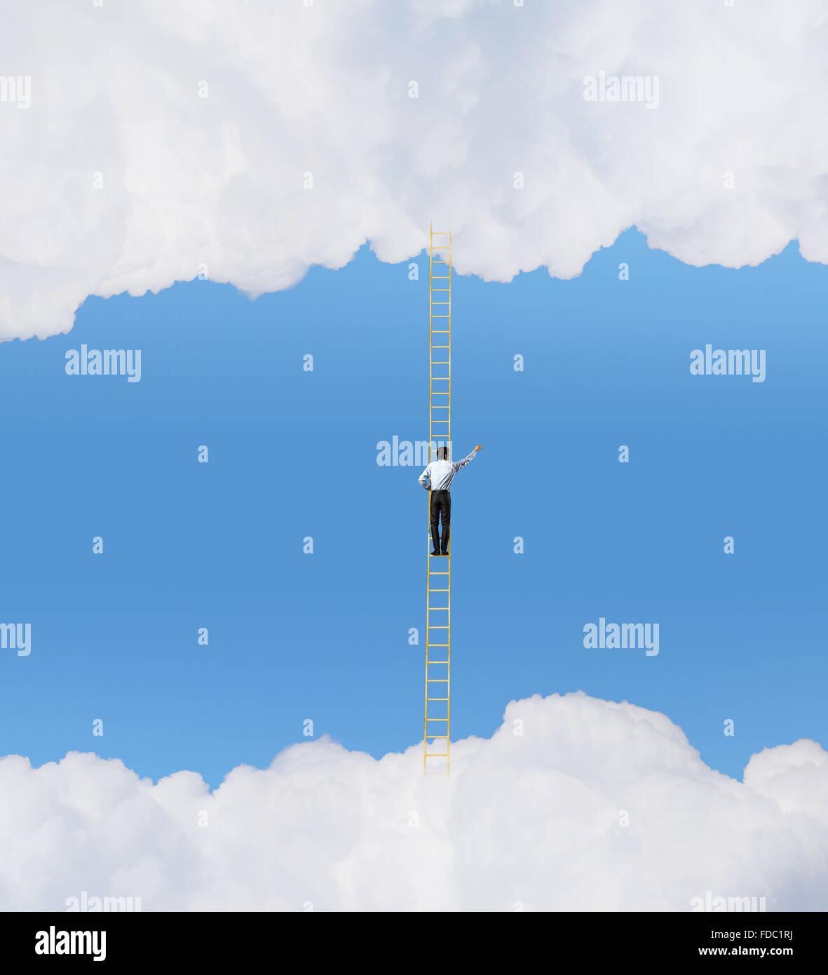Businessman standing on ladder high in sky Stock Photo - Alamy