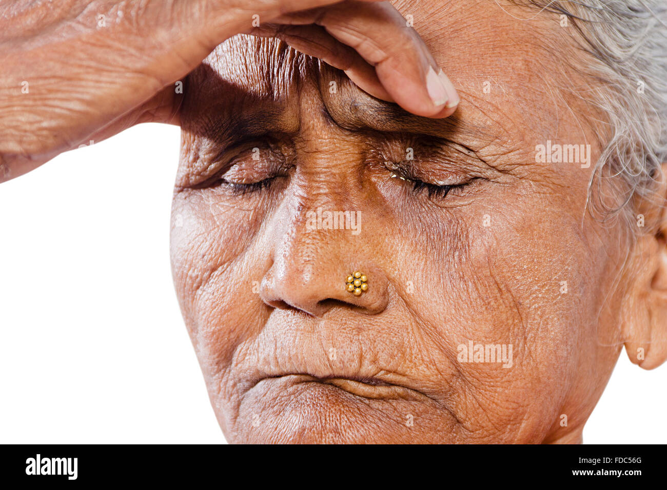 1 Senior Adult Woman Patient Headache Head in hands Stock Photo