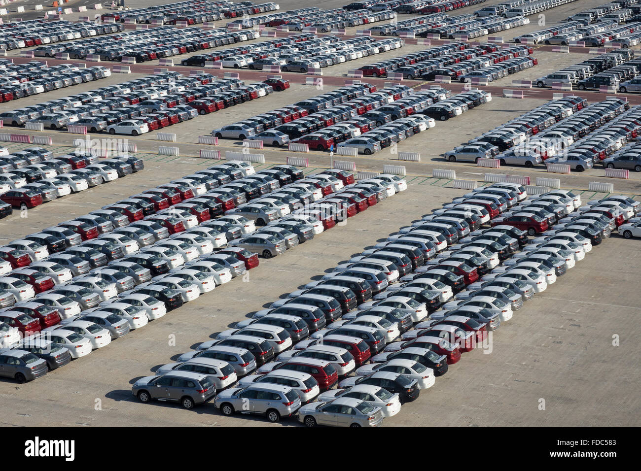 Dubai, New imported cars on dockside Stock Photo