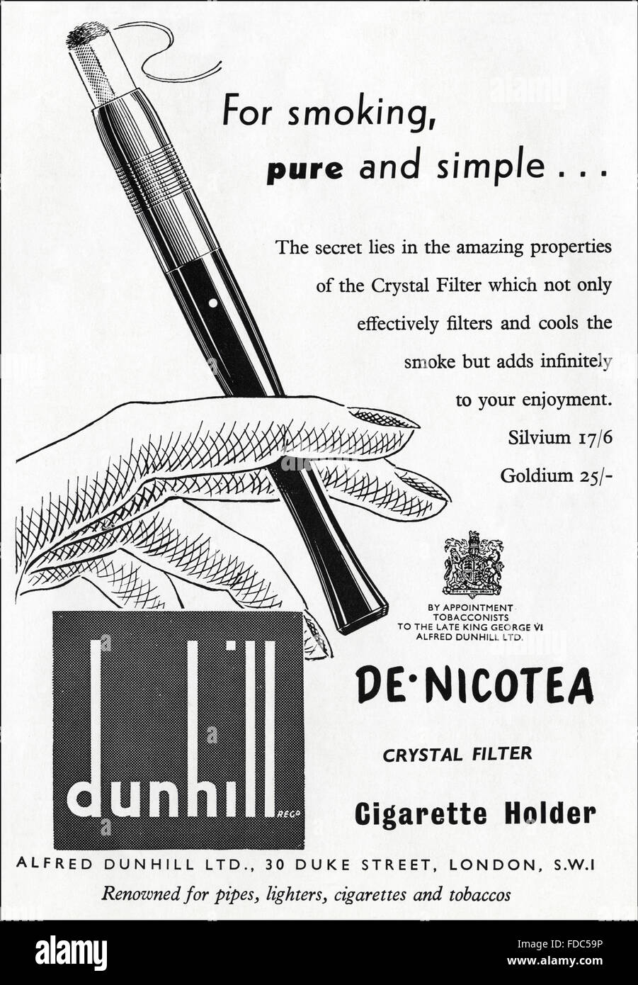 Original vintage advert from 1950s. Advertisement from 1954 advertising Dunhill cigarette holder. Stock Photo