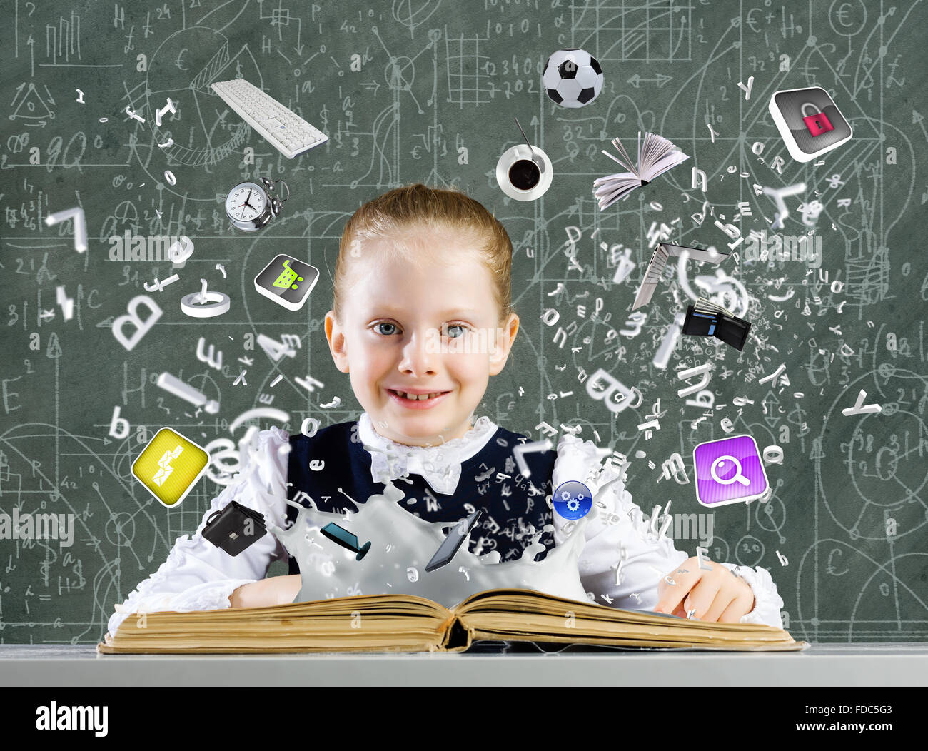 Cute school girl with opened book and icon flying out Stock Photo - Alamy