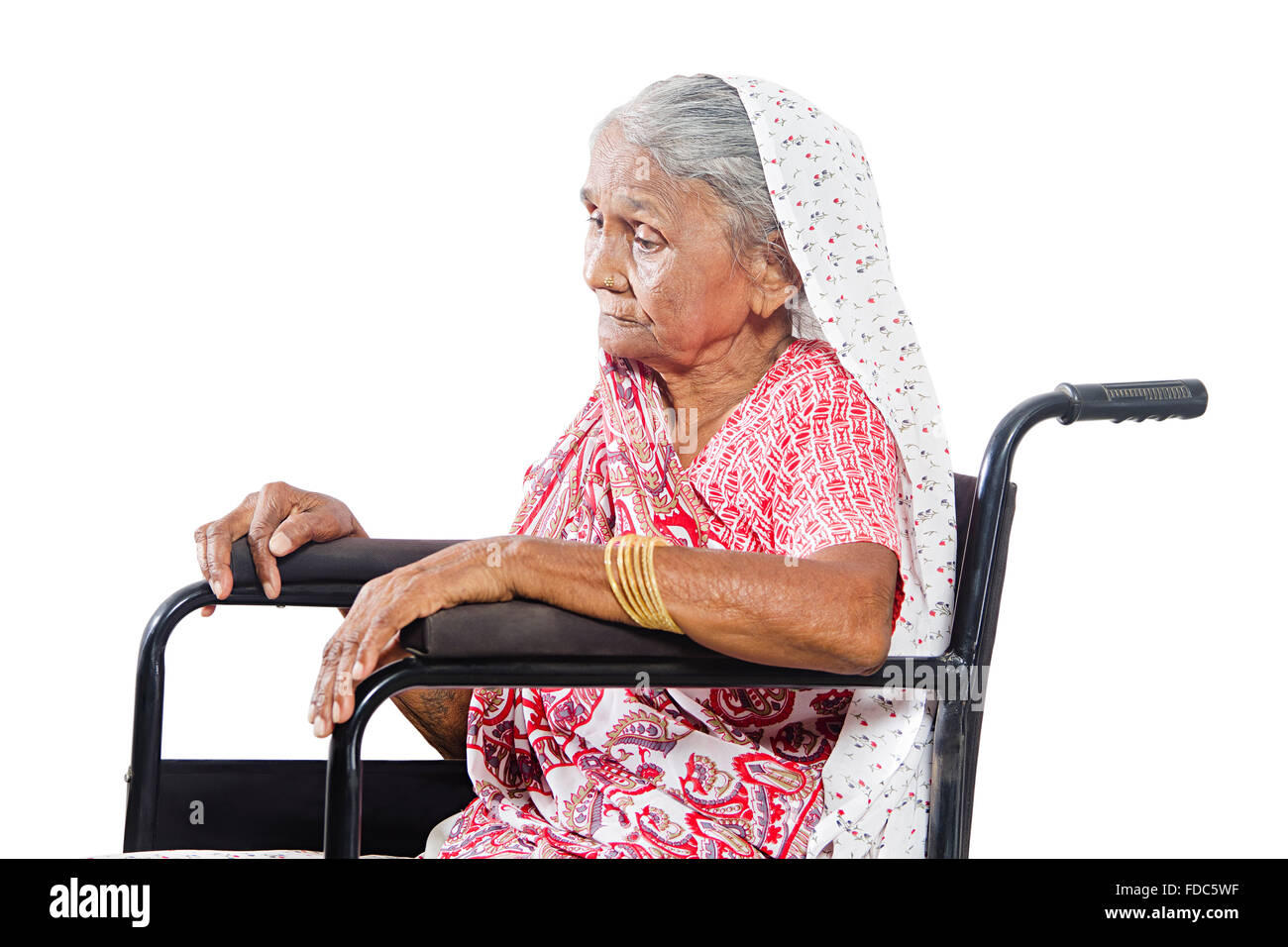 1 Senior Adult Woman Handicapped Sitting Wheelchair Health Problem Thinking Stock Photo