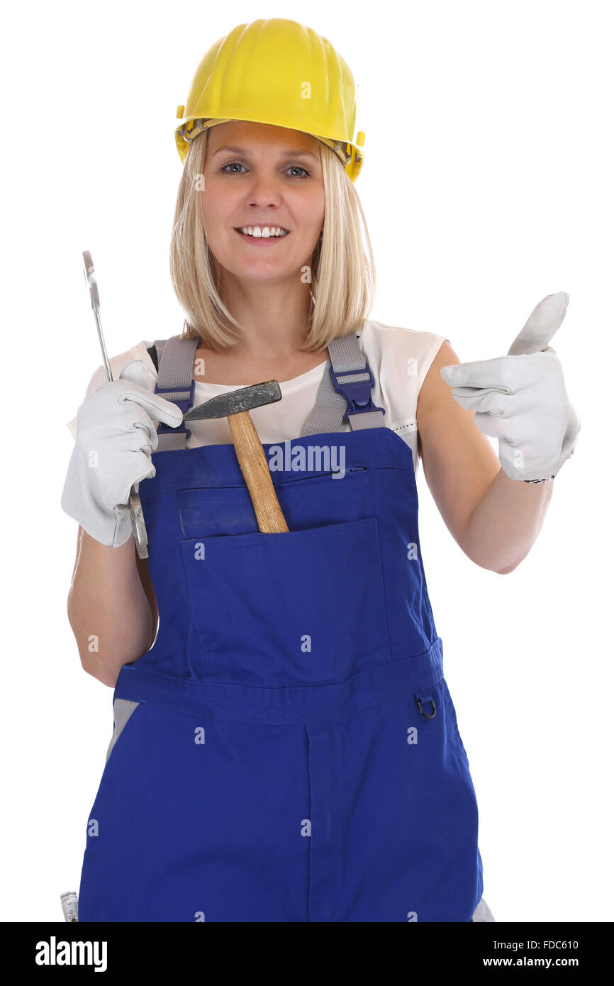 Craftsman woman female craftsmanship worker job thumbs up isolated on a white background Stock Photo