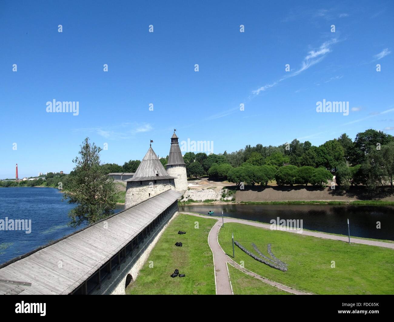 Pskov Kremlin on the confluence of the Great and Pskova rivers. Russia, Pskov Stock Photo