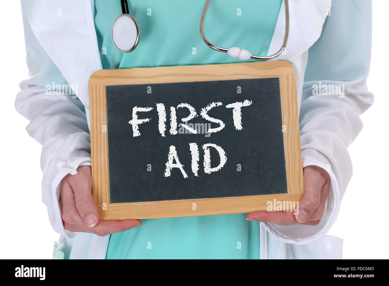 First aid help helping cpr doctor medical accident with sign Stock Photo