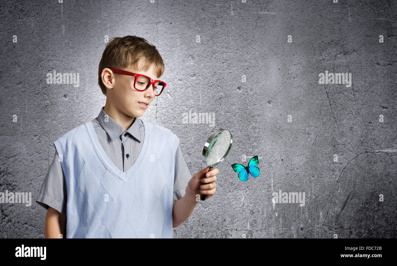 School boy examining butterfly with magnifying glass Stock Photo