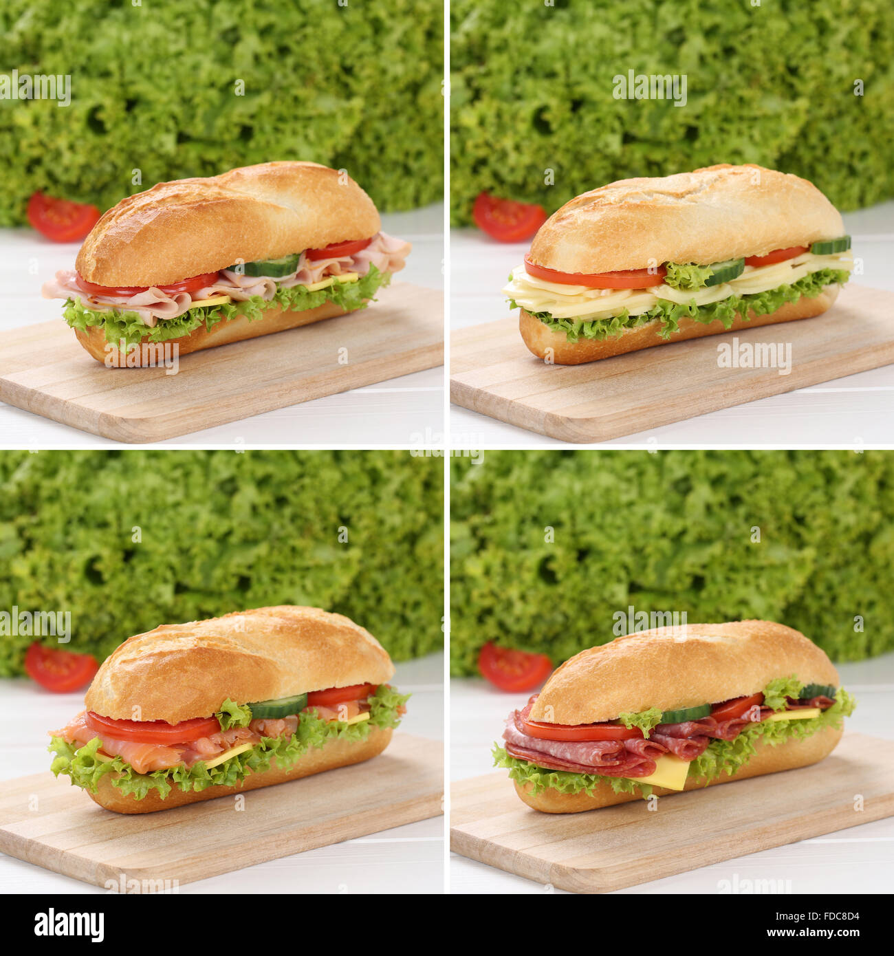 Healthy eating collection of sub deli sandwiches baguettes with ham