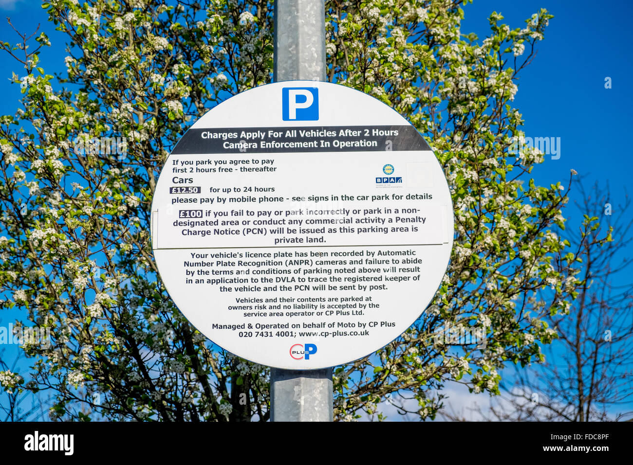 Parking charge notice for motorway service station car park, UK Stock Photo