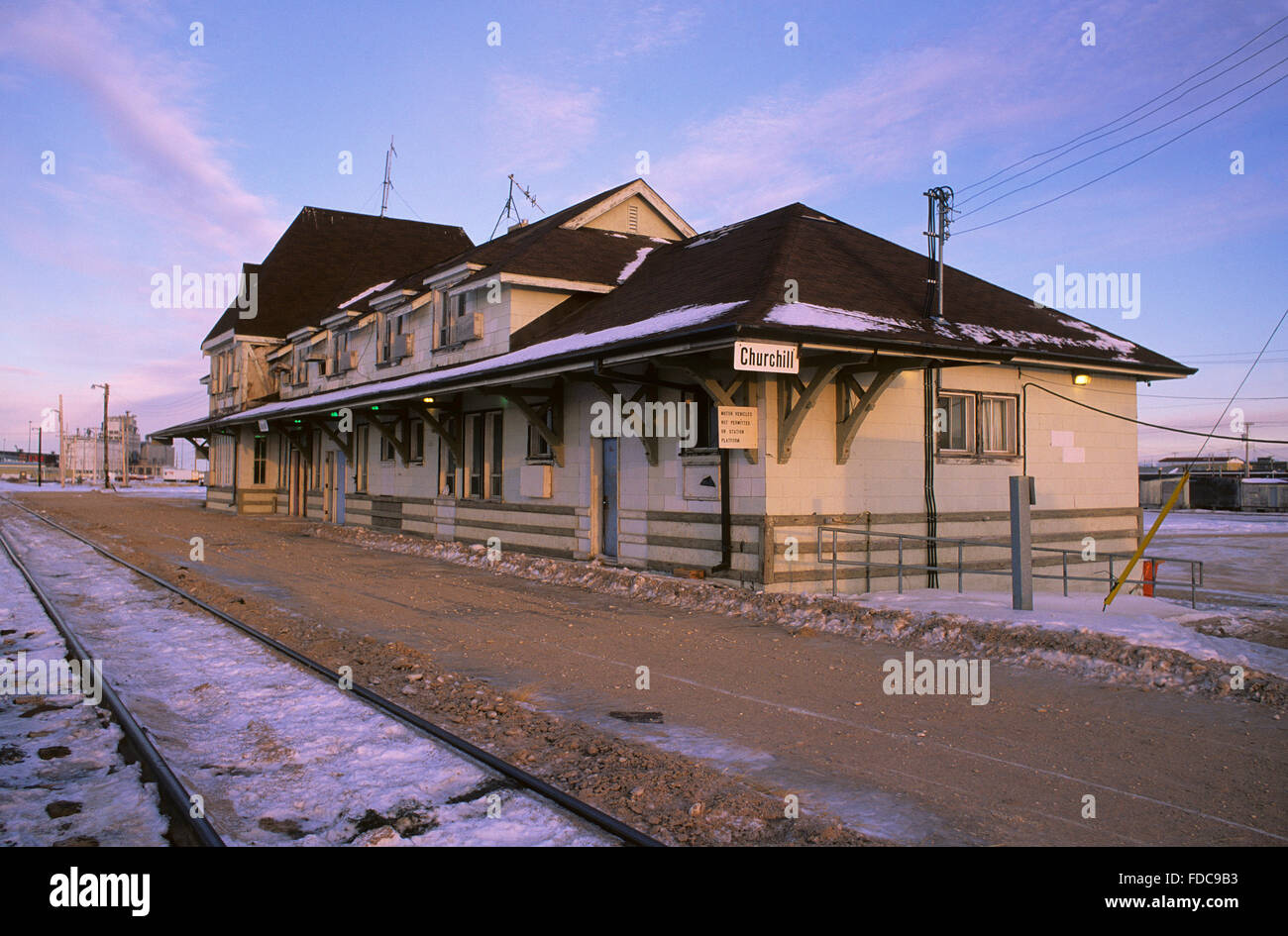 Railway station in Churchill, Manitoba, Hudson Bay, Canada Stock Photo