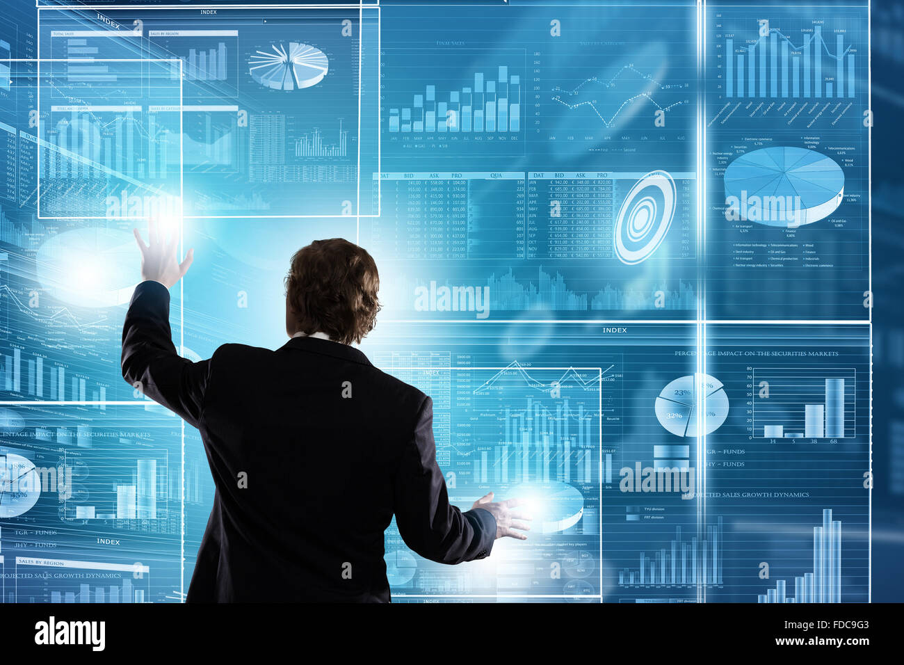 Businessman in suit against digital background with icons Stock Photo ...