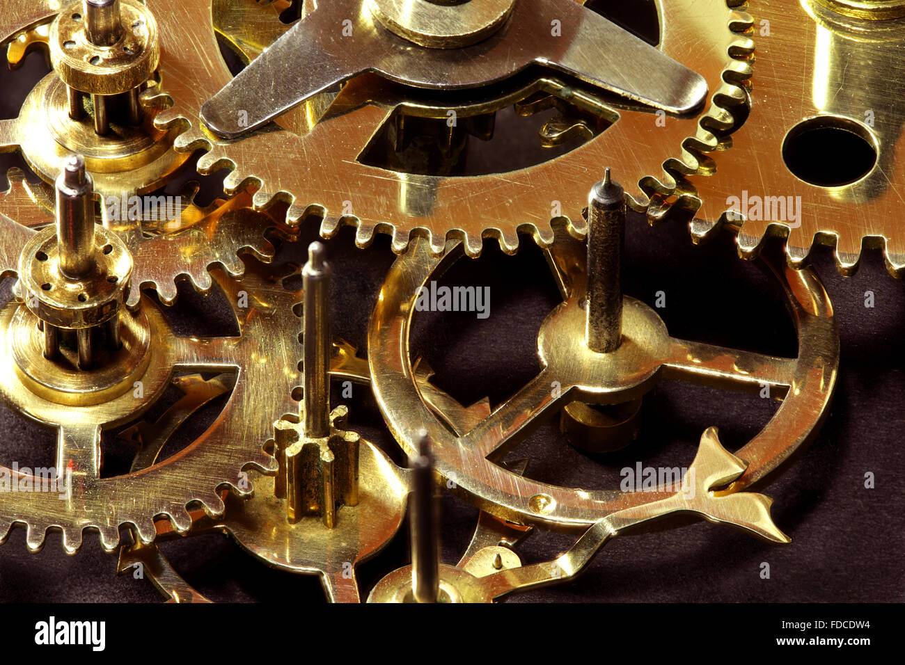 Closeup of gears from old clock works. Stock Photo