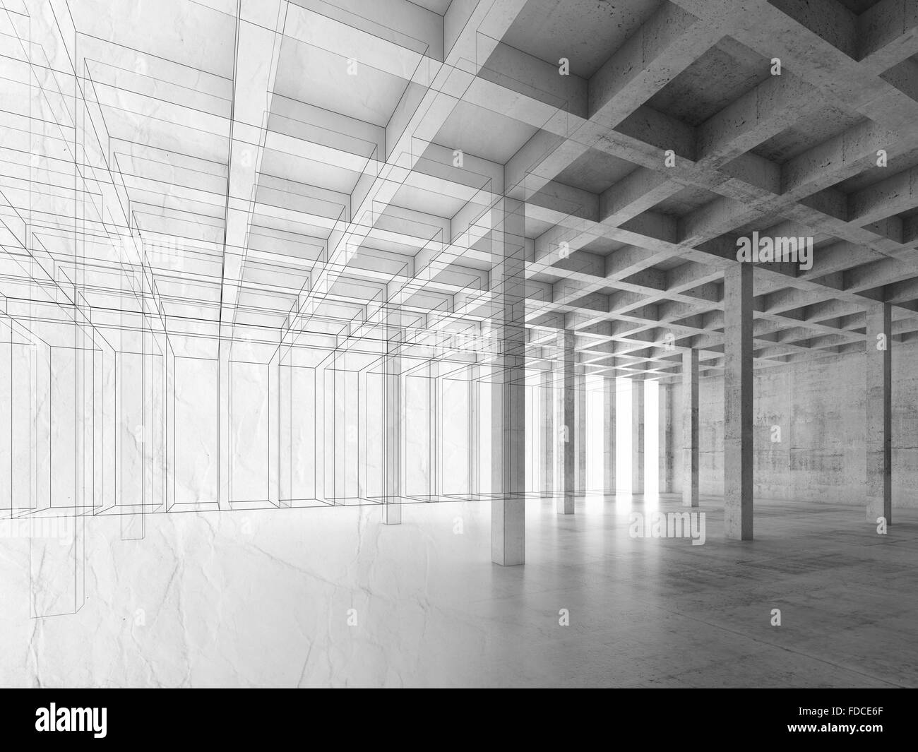 Abstract architecture background with interior of open space concrete room, 3d illustration, wire-frame effect Stock Photo