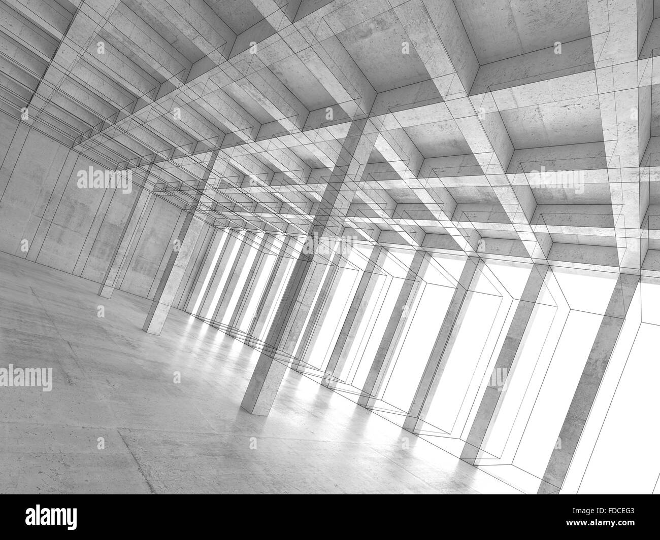 Abstract architecture background with perspective view of open space concrete room, 3d illustration, wire-frame effect Stock Photo