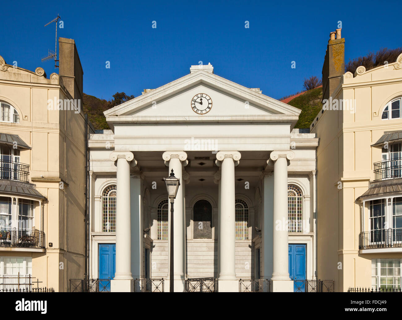 The Regency architecture of St Mary in the Castle church in Pelham Crescent, Hastings. Stock Photo