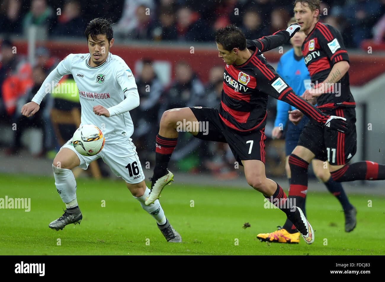 Leverkusen, Germany. 30th Jan, 2016. Leverkusen's Javier Hernandez 'Chicharito' (r) and Hanover's Hotaru Yamaguchi compete for the ball during the German Bundesliga football match between Bayer Leverkusen and Hannover 96, at the BayArena in Leverkusen, Germany, 30 January 2016. PHOTO: FEDERICO GAMBARINI/DPA (EMBARGO CONDITIONS - ATTENTION: Due to the accreditation guidelines, the DFL only permits the publication and utilisation of up to 15 pictures per match on the internet and in online media during the match.) Credit:  dpa/Alamy Live News Stock Photo