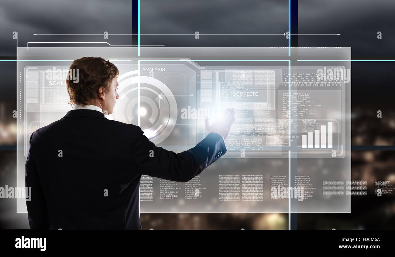 Businessman in suit against digital background with icons Stock Photo ...