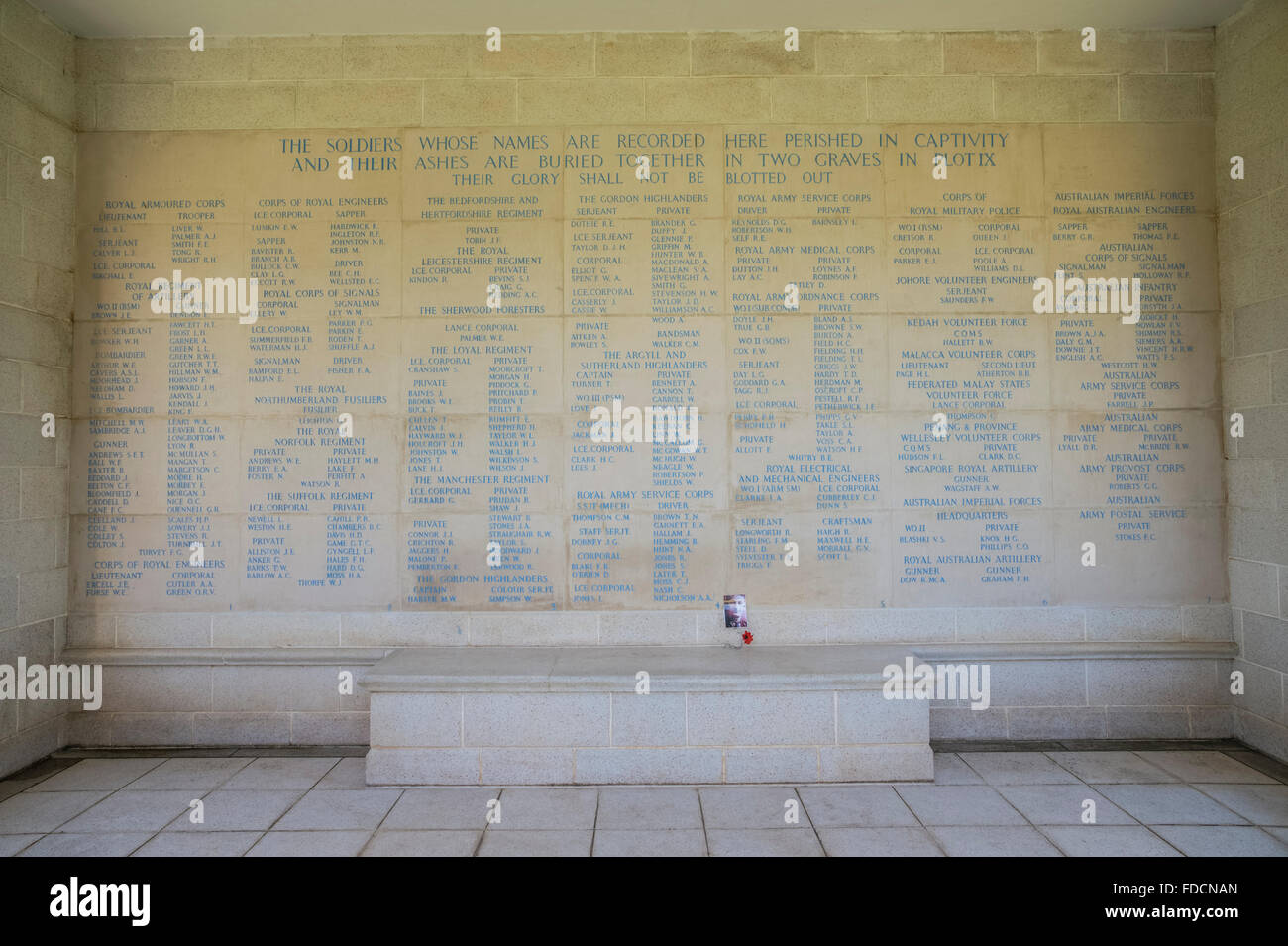 Kanchanaburi, WWII Death Railway Cemetery Memorial to those that perished whose ashes lie in a common grave Stock Photo