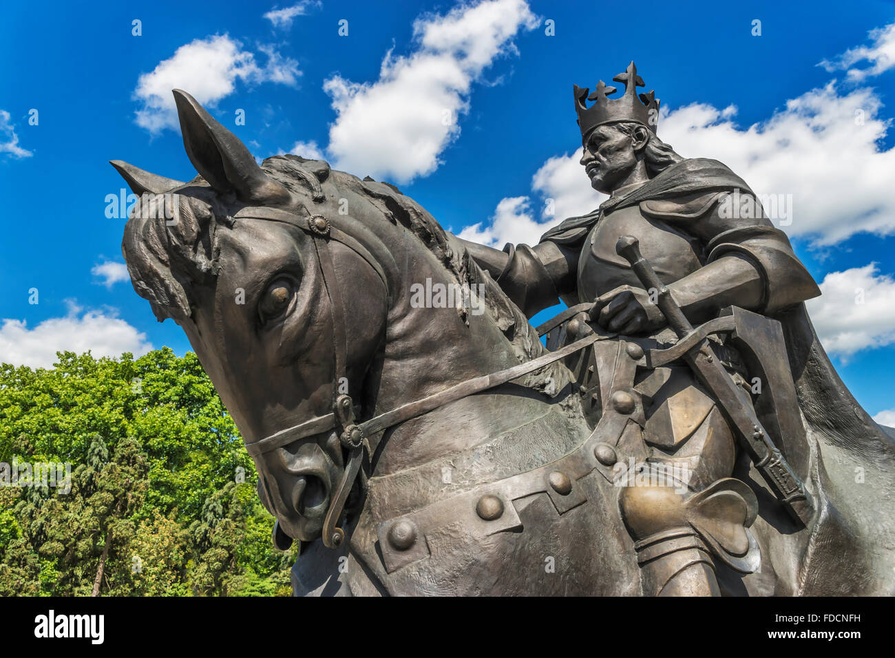 On the marketplace of Malbork is the bronze statue of Casimir IV Jagiellon on a horse, Malbork, Pomerania, Poland, Europe Stock Photo