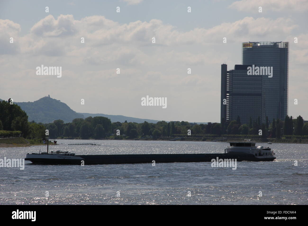 River Rhine landscape with Post Tower and UN Tower near Bonn, Germany Stock Photo