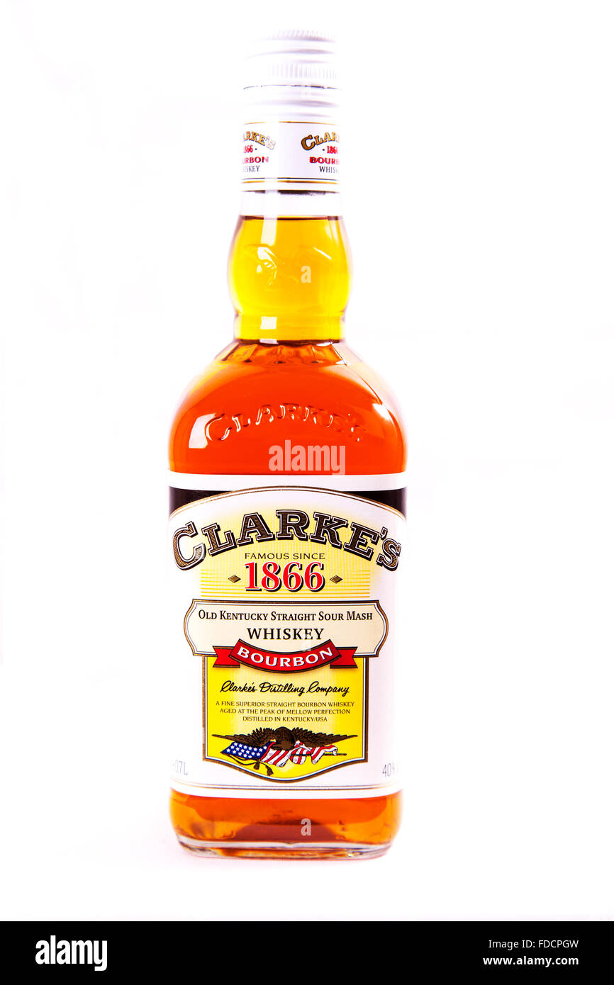 Clarke's whisky bottle Bourbon old Kentucky straight sour mash 1866 cut out  cutout white background isolated Stock Photo - Alamy