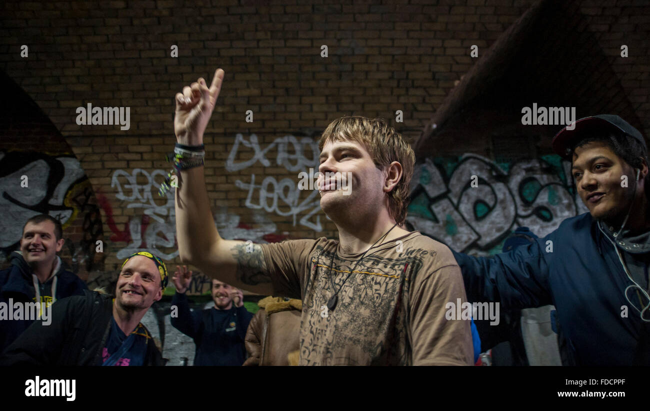 London, UK.  30 January 2015.  Revellers gather in East London's Shoreditch for the "Freedom to Party" protest.  Their aim is to fight for the right to hold “free party” warehouse raves across London. Credit:  Stephen Chung / Alamy Live News Stock Photo