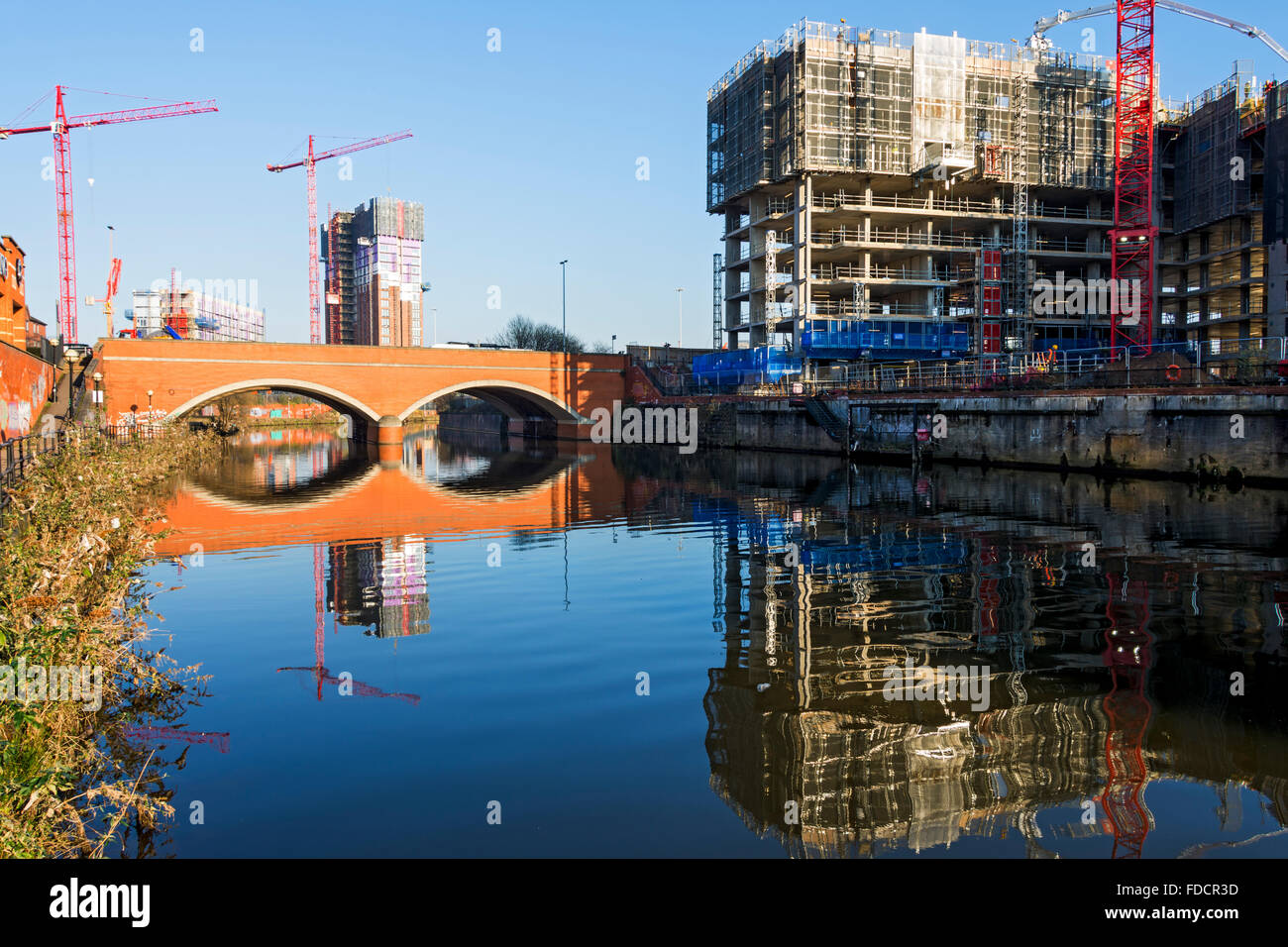 Wilburn St. Basin and Water Street apartment blocks under construction, from the Irwell