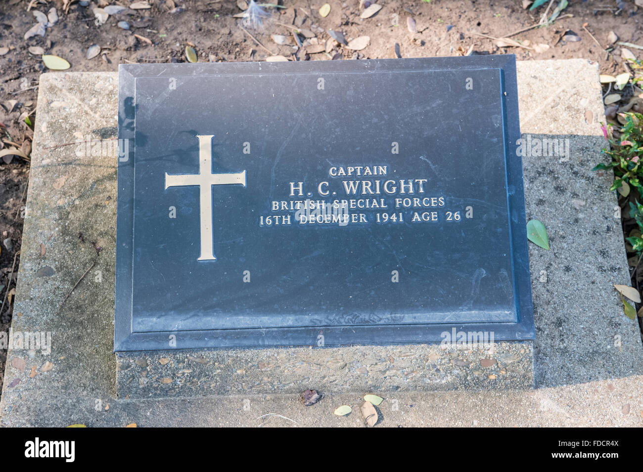 Kanchanaburi, WWII Death Railway Cemetery Individual grave to special forces officer Captain H.C.Wright Stock Photo