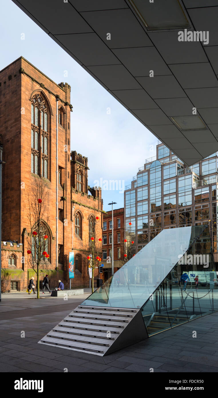John Rylands library, Lincoln House and the entrance to the Australasia Restaurant, Spinningfields, Deansgate, Manchester, UK Stock Photo