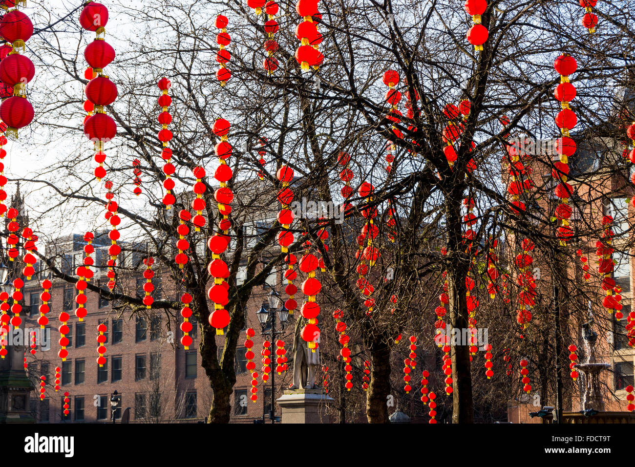 Chinese lanterns in Albert Square, Manchester, England, UK.  For Chinese New Year celebrations. Stock Photo