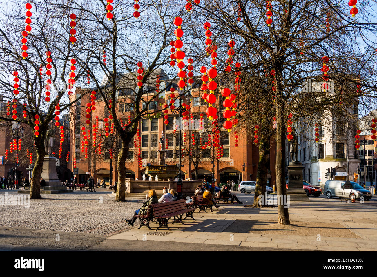 Chinese lanterns in Albert Square, Manchester, England, UK.  For Chinese New Year celebrations. Stock Photo