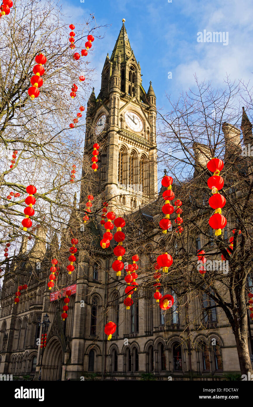 Chinese lanterns in Albert Square, Manchester, England, UK.  For Chinese New Year celebrations.  The Town Hall behind. Stock Photo