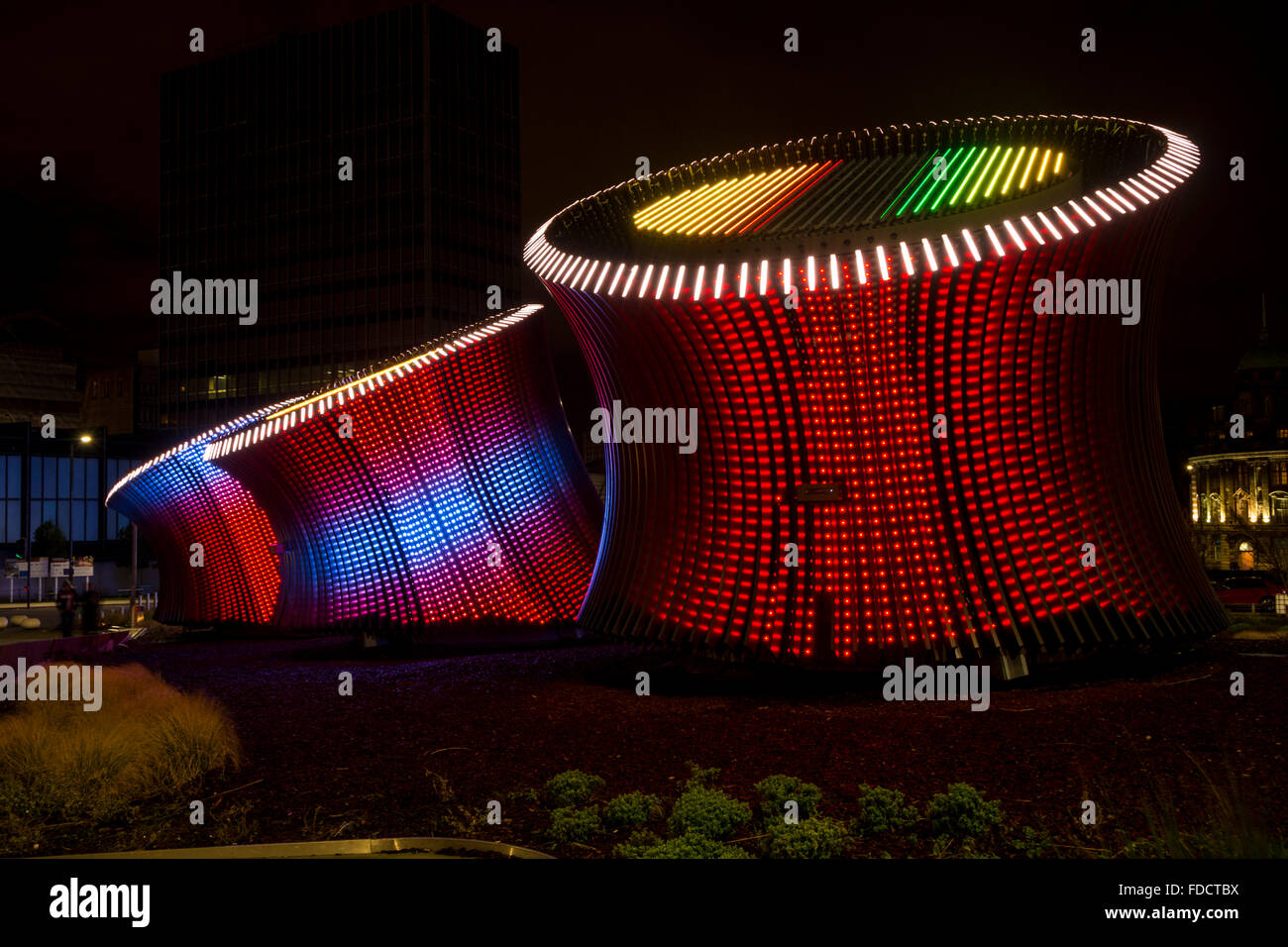 Illuminated 'Earth Tubes', part of the combined Heat and Power system for the 1 Angel Square building, Manchester, UK Stock Photo