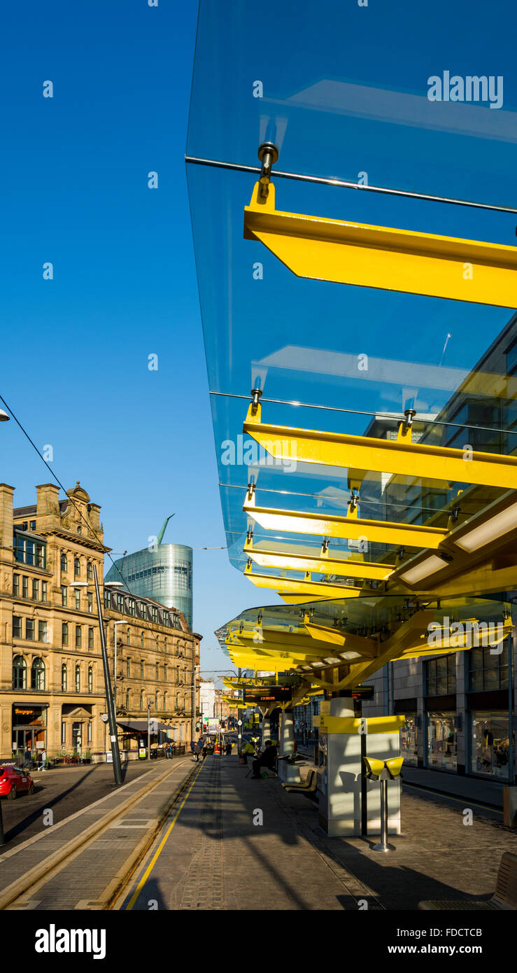 Exchange Square Metrolink tram stop, Corporation Street, Manchester, England, UK.  The Corn Exchange and Urbis buildings at left Stock Photo