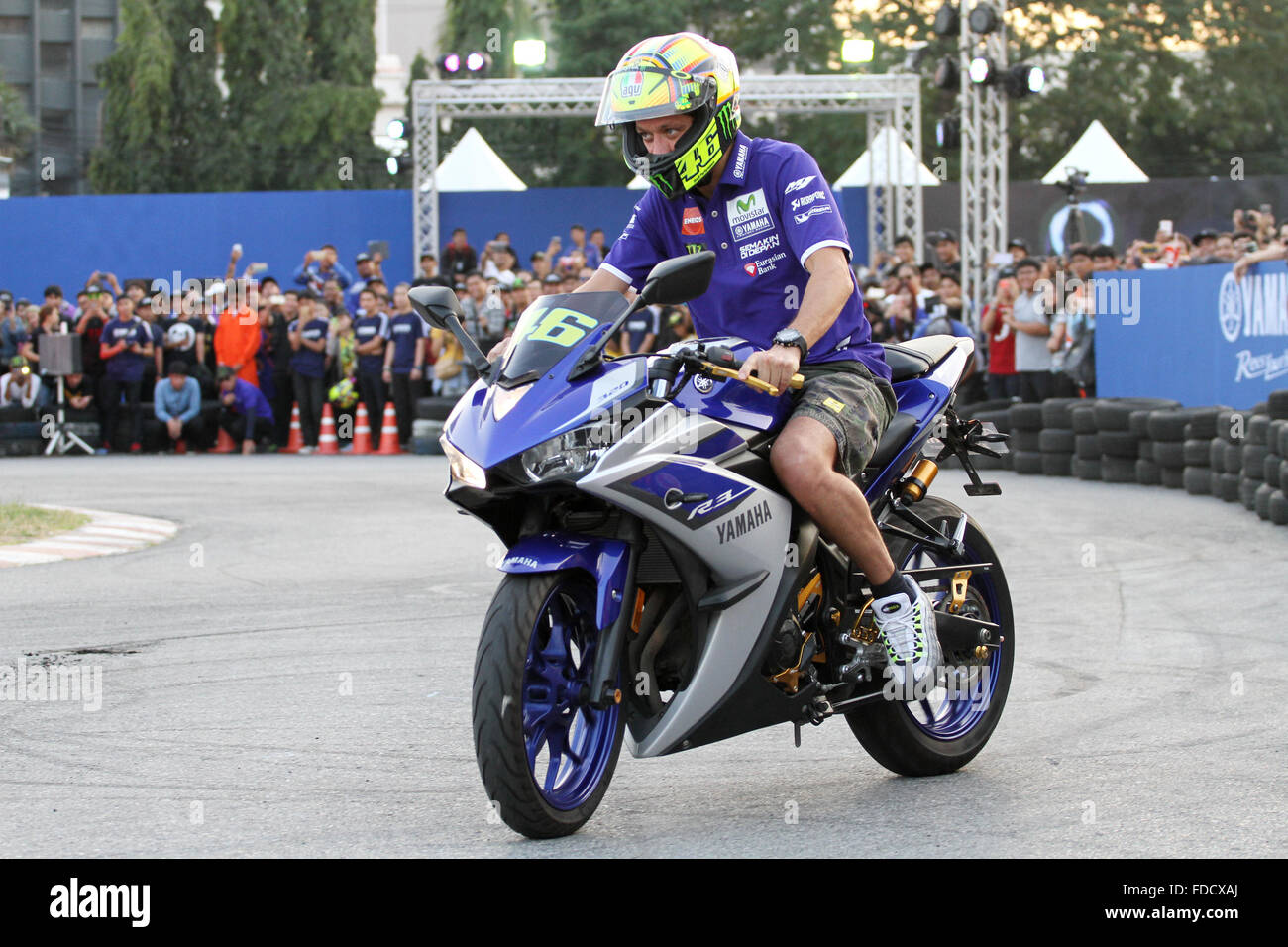 Bangkok, Thailand. 30th Jan, 2016. Valentino Rossi riding a motorcycle,  show and shake hand his fans during Yamaha motor Thailand organized for Valentino  Rossi fan Club Moto GP World Champion Professional version