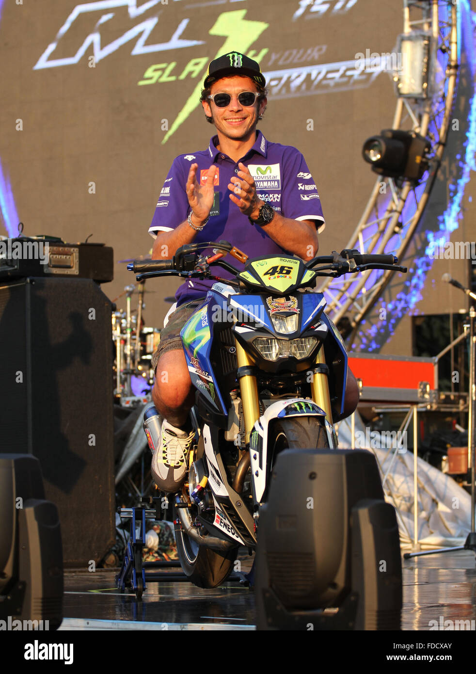 Bangkok, Thailand. 30th Jan, 2016. Valentino Rossi riding a motorcycle show  for his fans on stage during Yamaha motor Thailand organized for Valentino  Rossi fan Club Moto GP World Champion Professional version