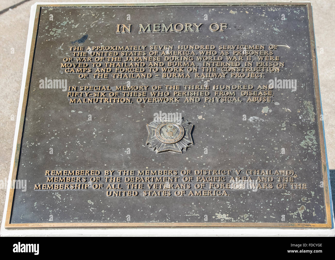 Thailand, Kanchanaburi. Siam Burma Death Railway US Navy ship Houston memorial to the 700 men who died in captivity, known as the Lost Battalion Stock Photo