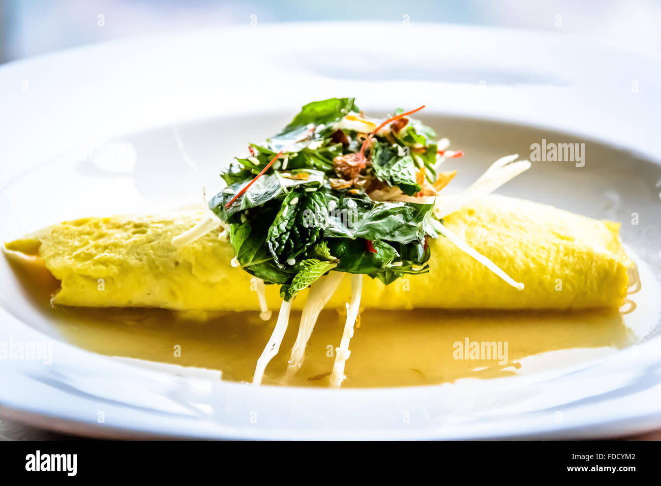 Sydney Crab Omelette, Enoki Mushroom, and Herb Salad, Miso Mustard
