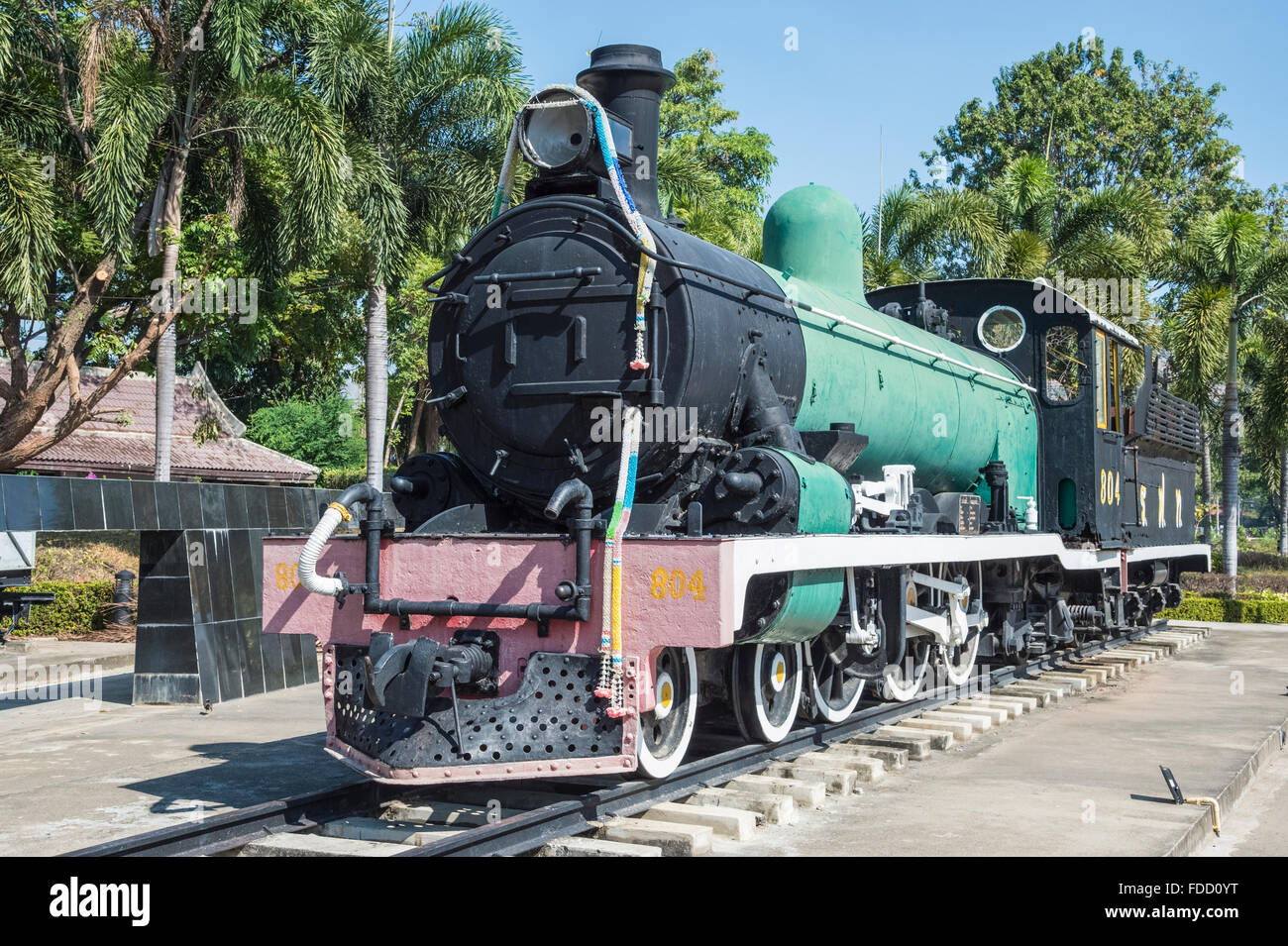 Thailand, Kanchanaburi. WWII Siam Burma Death Railway British built steam engine locomotive Stock Photo