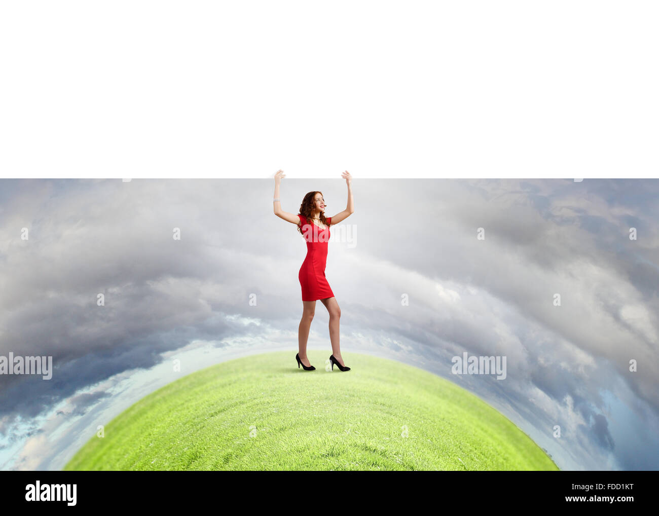 Pretty woman in red dress with white blank banner Stock Photo - Alamy