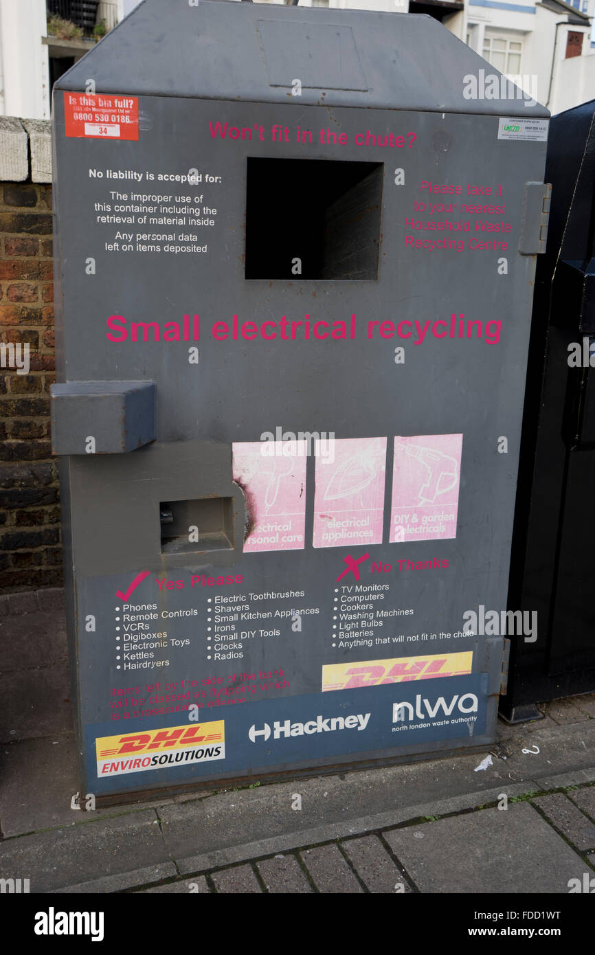 Small electrical recycling container in Hackney, London, UK Stock Photo