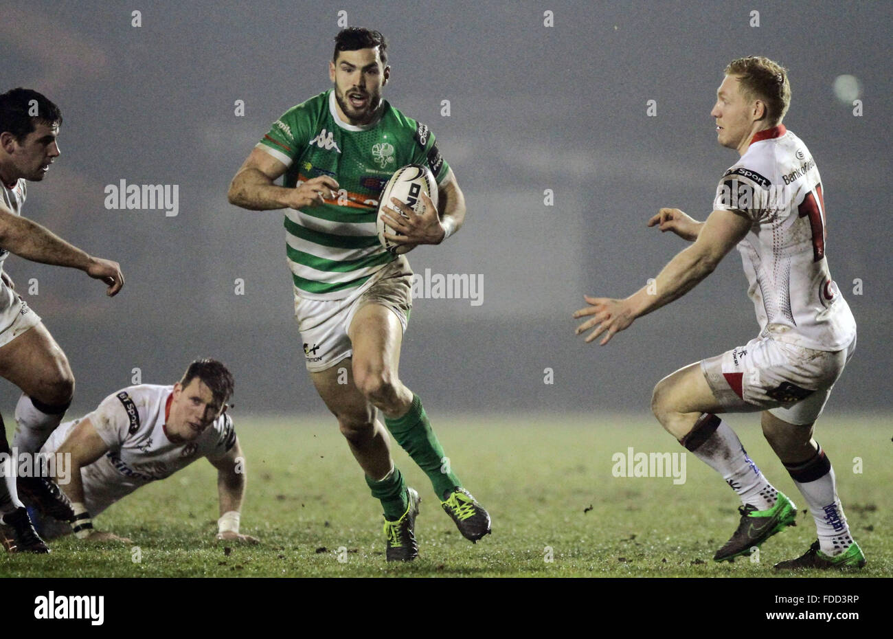 Treviso, Italy. 30th Jan, 2016. Treviso's player Jayden Hayward runs with the ball during Rugby Guinness Pro12 match between Benetton Treviso and Ulster. Credit:  Andrea Spinelli/Pacific Press/Alamy Live News Stock Photo