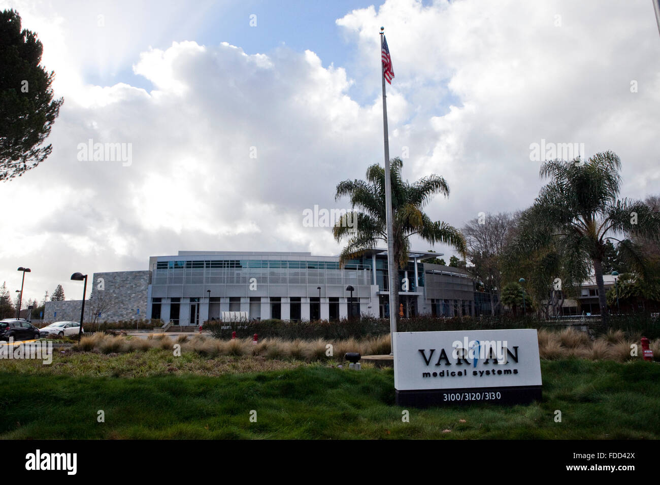 A sign is seen at the headquarters of Varian Medical Systems in Palo Alto, California Stock Photo